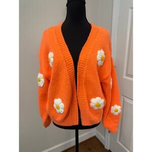 Orange Knit Cardigan with 3D Flower Appliques